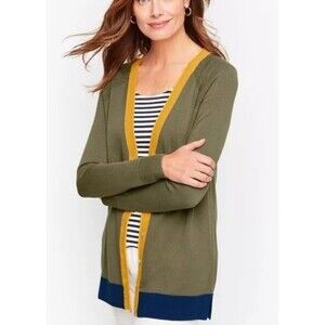 Talbots Sagebrush Olive Gold‎ Tipped Girlfriend Cardigan Sweater Size Large